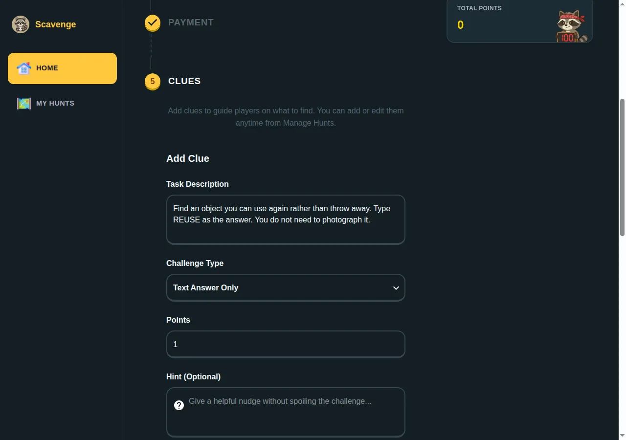 Scavenge task editor with a text challenge and one point