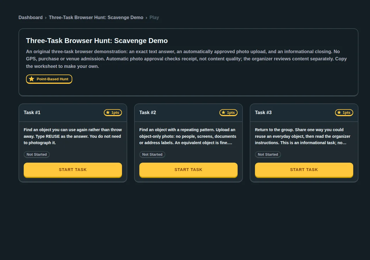 Guest participant view showing three tasks in the Scavenge browser hunt
