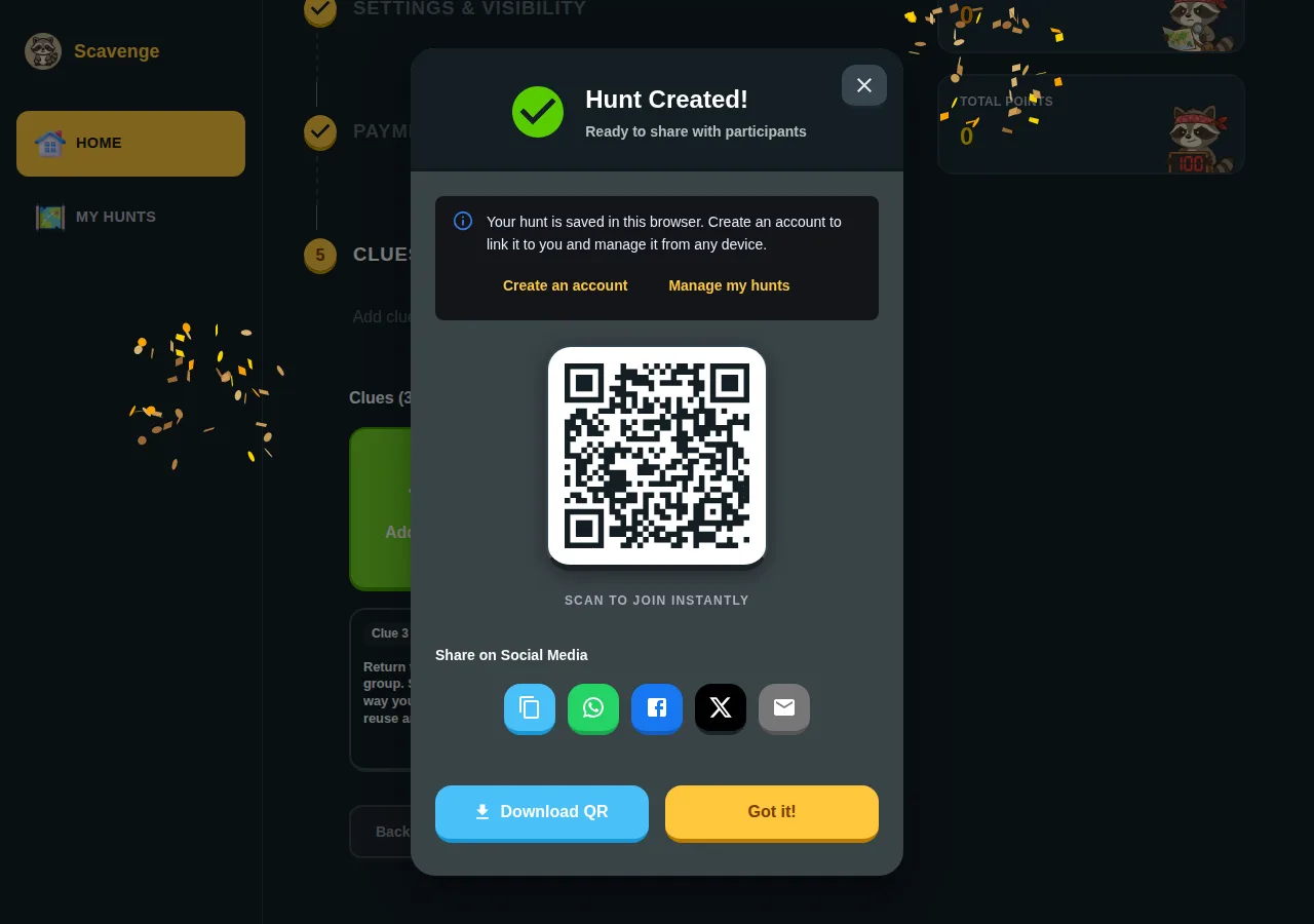 Scavenge saved-hunt screen with an invite QR code